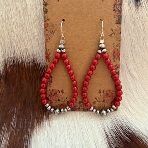 ❤️ Native Made Italian Red Coral & Desert Pearl Dangle Sterling Earrings 2.43”L